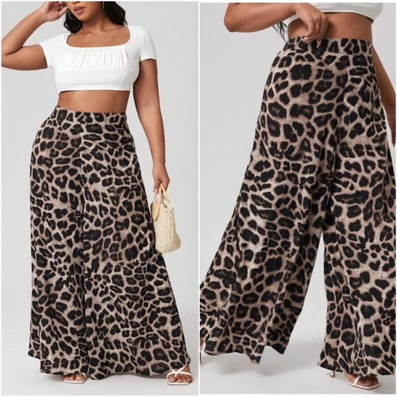 PLUS SIZE leopard print wide leg palazzo pants tan - Picture 2 of 4